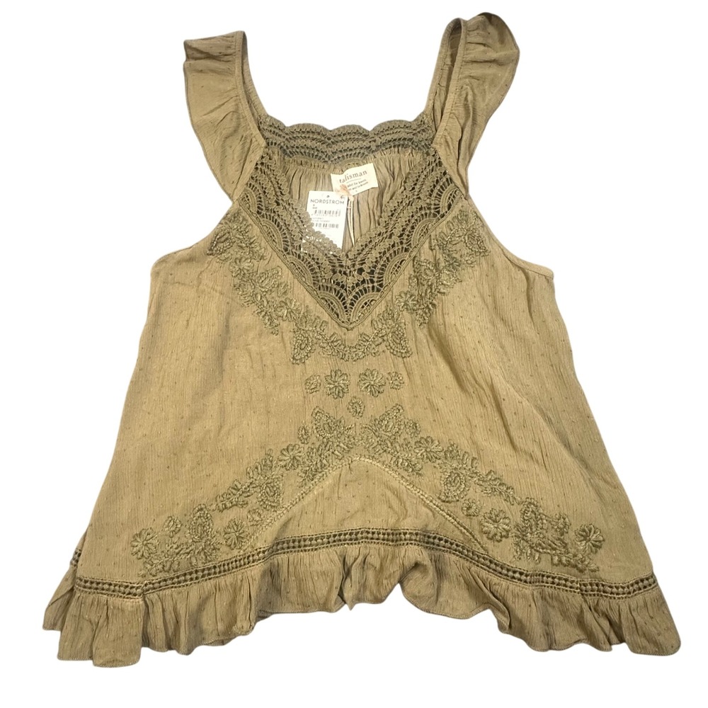 Talisman Exhale Cami Olive Dobby Embroidered Lace Ruffle Tank Top Small NEW